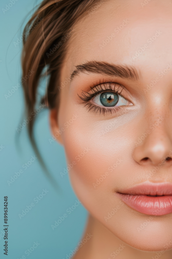 Close-up of a woman with flawless skin, blue eyes, and subtle makeup on a teal background, highlighting beauty and natural elegance. Close-up of a woman with flawless skin, blue eyes, and subtle makeup on a teal background, highlighting beauty and natural elegance.