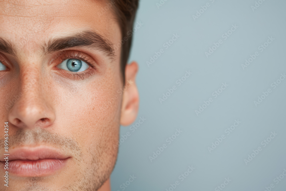 Close-up portrait of a young man with striking blue eyes and clear skin, set against a soft blue background, emphasizing natural beauty and youth. Close-up portrait of a young man with striking blue eyes and clear skin, set against a soft blue background, emphasizing natural beauty and youth.