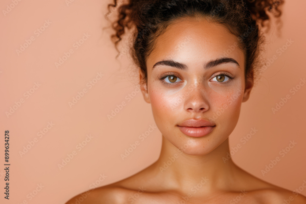 Portrait of a young woman with curly hair and natural makeup against a peach background, showcasing clear skin and a serene expression. Portrait of a young woman with curly hair and natural makeup against a peach background, showcasing clear skin and a serene expression.