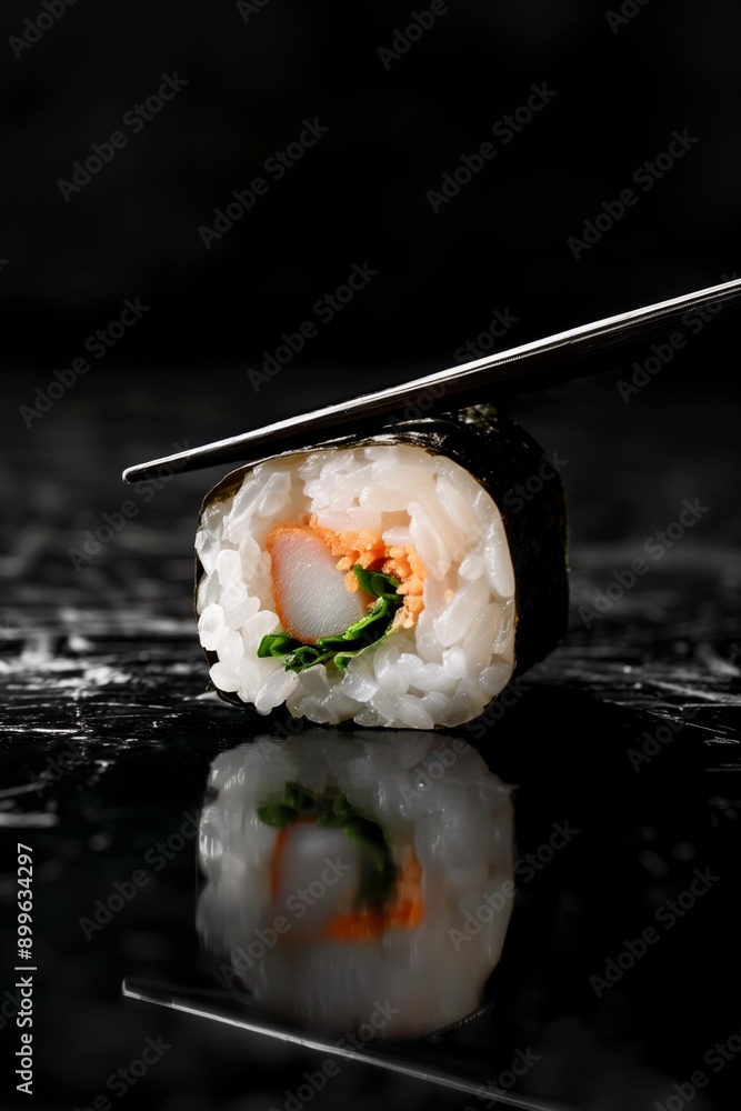Photography of a piece of maki sushi and chopsticks reflecting on a black background Photography of a piece of maki sushi and chopsticks reflecting on a black background
