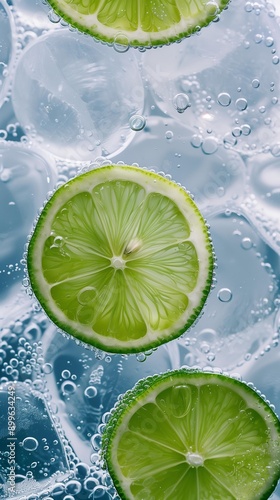 Green lemon slices and ice cubes in whitewater, bubbles, mobilewallpaper photo