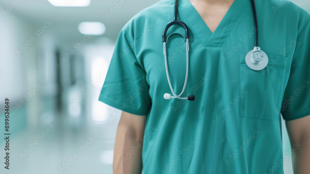 A healthcare professional in green scrubs and a stethoscope standing in a hospital corridor, ready to provide care and support to patients. A healthcare professional in green scrubs and a stethoscope standing in a hospital corridor, ready to provide care and support to patients.