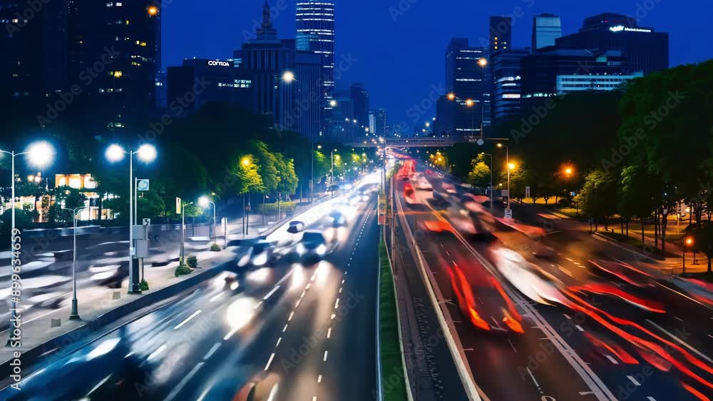 Experience the enchanting glow of city lights as vehicles zip through the urban landscape in a lively metropolis at dusk. timelapse Experience the enchanting glow of city lights as vehicles zip through the urban landscape in a lively metropolis at dusk. timelapse