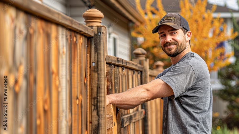 A cheerful man standing by a wooden fence, showcasing home improvement and outdoor lifestyle in a vibrant autumn setting. A cheerful man standing by a wooden fence, showcasing home improvement and outdoor lifestyle in a vibrant autumn setting.