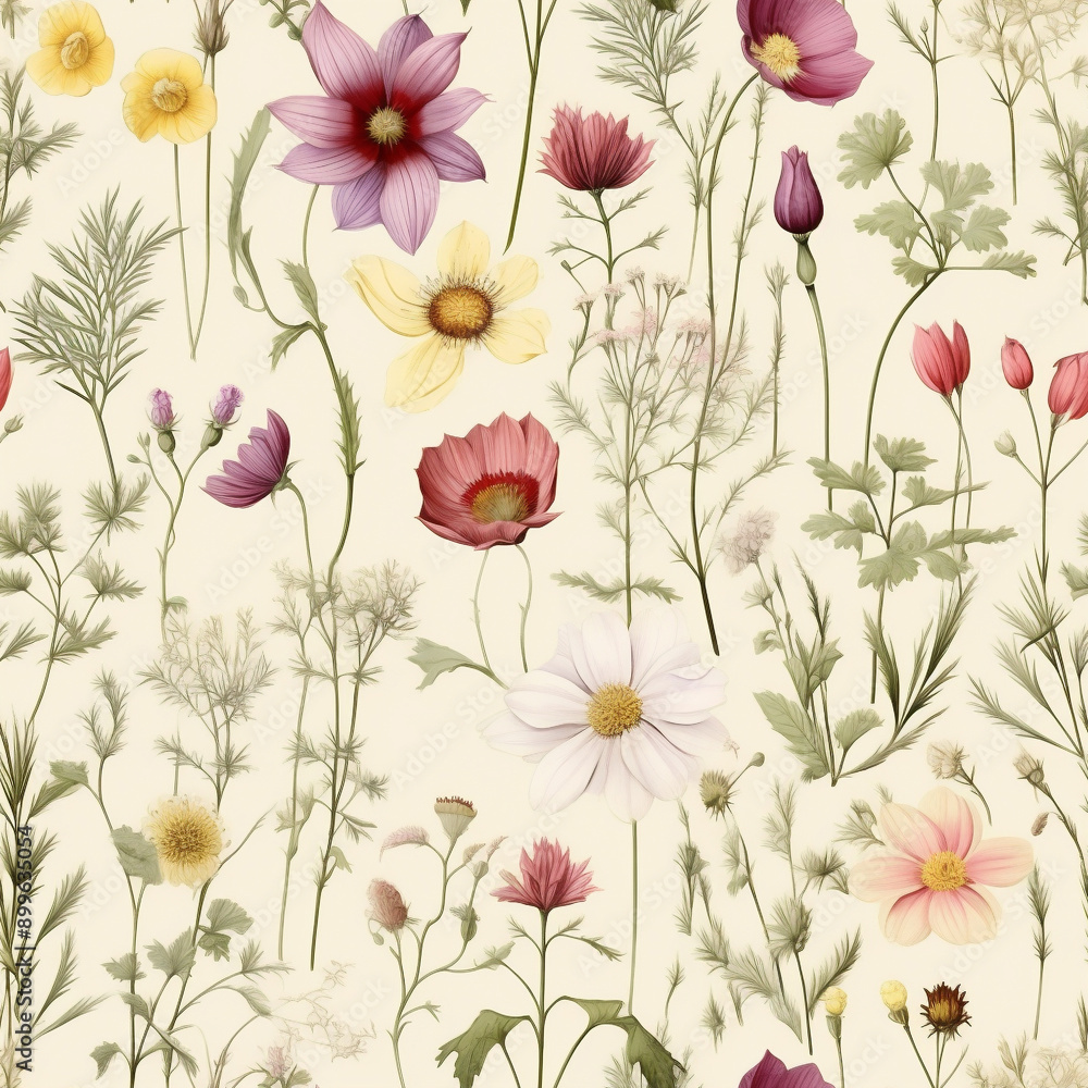 Watercolor Seamless Pattern with Wildflowers.. Watercolor Seamless Pattern with Wildflowers..
