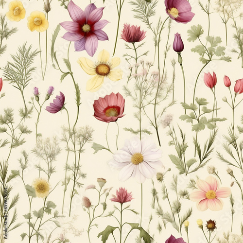 Watercolor Seamless Pattern with Wildflowers..