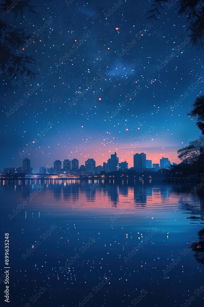 A breathtaking night cityscape reflecting in the still water under a starry sky. High-rise buildings glowing softly against a twilight horizon. A breathtaking night cityscape reflecting in the still water under a starry sky. High-rise buildings glowing softly against a twilight horizon.