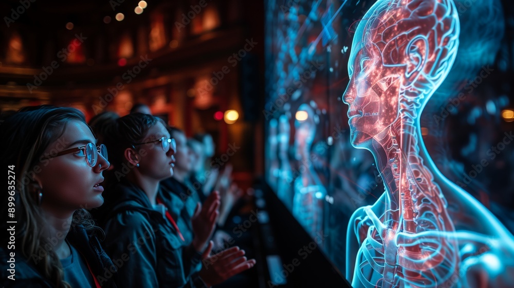 Fototapeta premium Attendees Watch a 3D Model of the Human Anatomy at a Science Museum