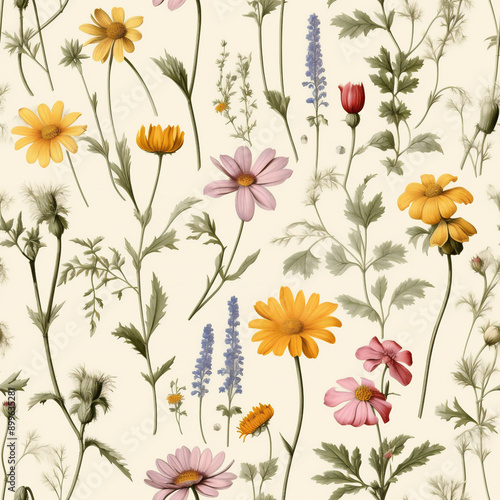 Wallpaper Mural Watercolor Seamless Pattern with Wildflowers.. Torontodigital.ca