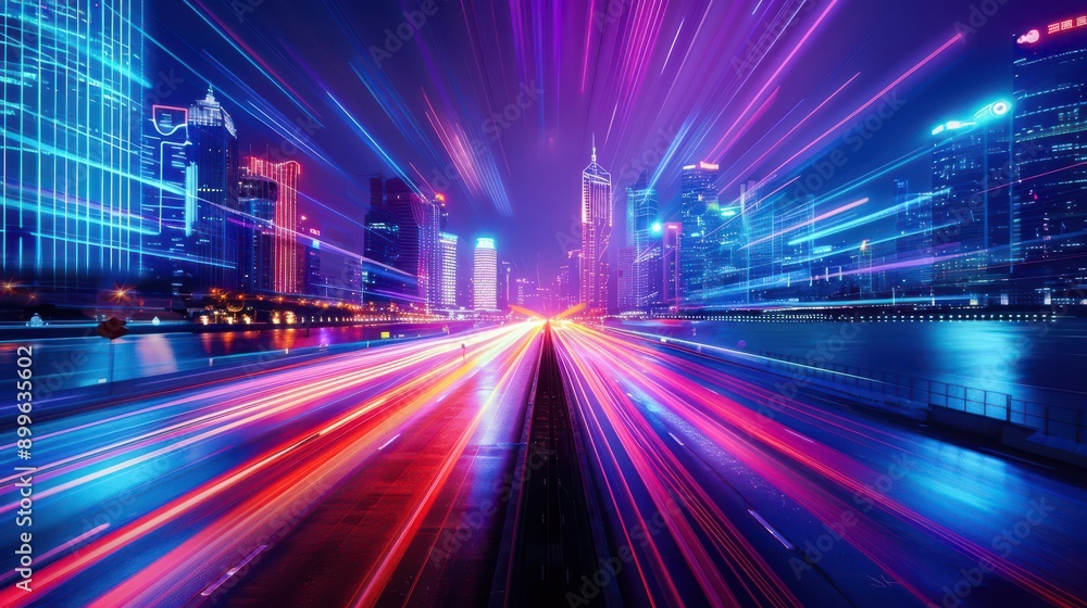 A car with traces of neon lights driving through the city at night A car with traces of neon lights driving through the city at night