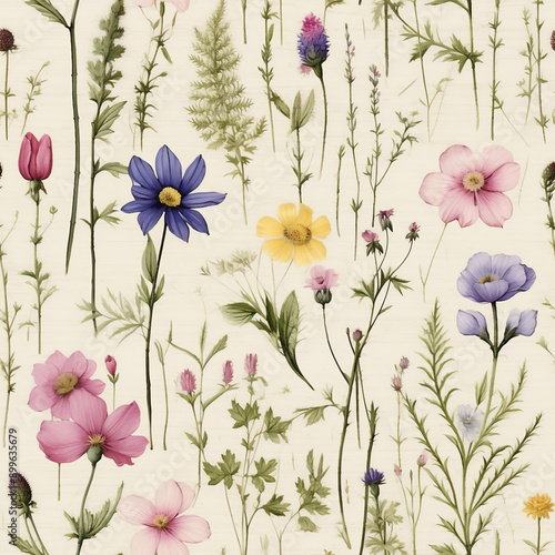 Wallpaper Mural Watercolor Seamless Pattern with Wildflowers.. Torontodigital.ca