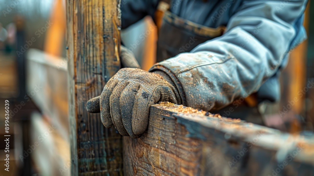 A close-up of a worker's hand in a glove gripping wooden planks in a construction site, emphasizing craftsmanship and labor. A close-up of a worker's hand in a glove gripping wooden planks in a construction site, emphasizing craftsmanship and labor.