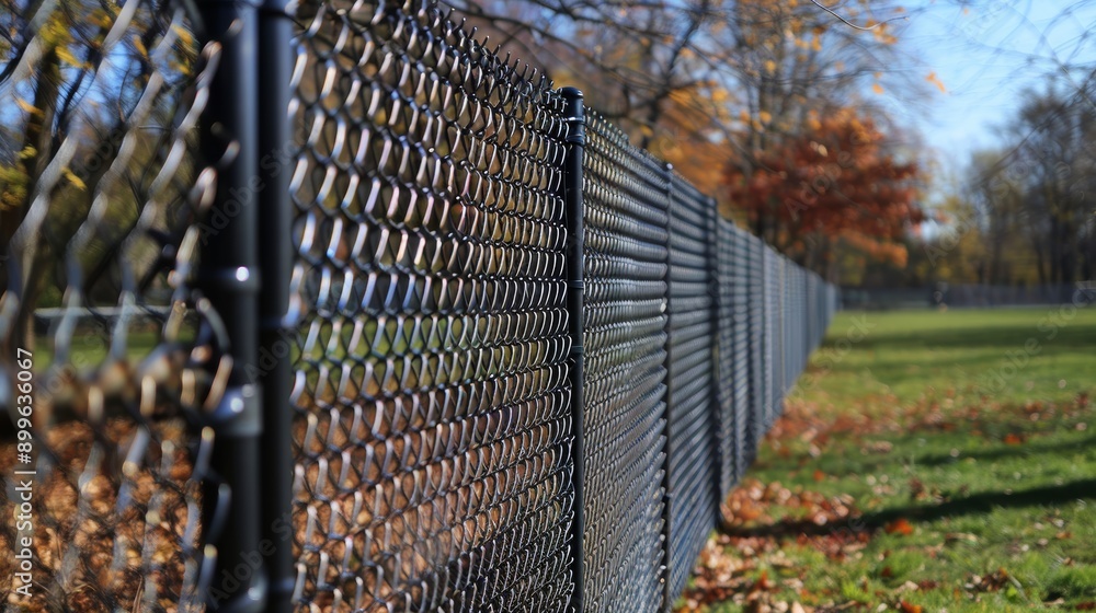 A close-up view of a black chain-link fence with a blurred background showcasing an autumn landscape. A close-up view of a black chain-link fence with a blurred background showcasing an autumn landscape.