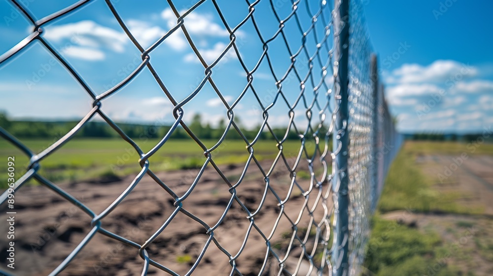 A close-up view of a chain link fence with a clear blue sky in the background, highlighting outdoor space and boundary demarcation. A close-up view of a chain link fence with a clear blue sky in the background, highlighting outdoor space and boundary demarcation.