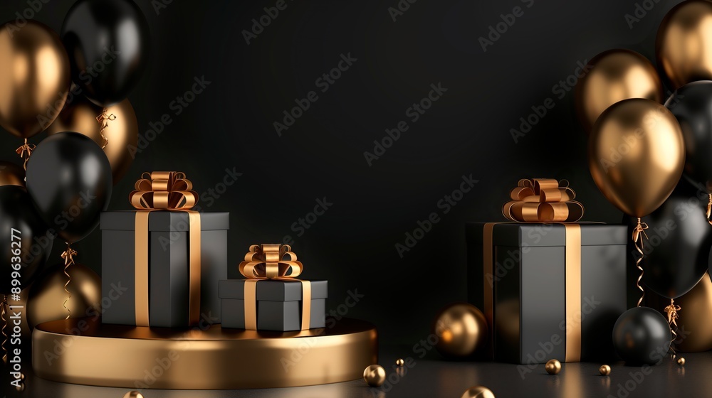 A festive black background featuring stylishly wrapped gift boxes and glowing balloons, perfect for celebrating holidays like New Year and Black Friday with discounts and promotions. A festive black background featuring stylishly wrapped gift boxes and glowing balloons, perfect for celebrating holidays like New Year and Black Friday with discounts and promotions.