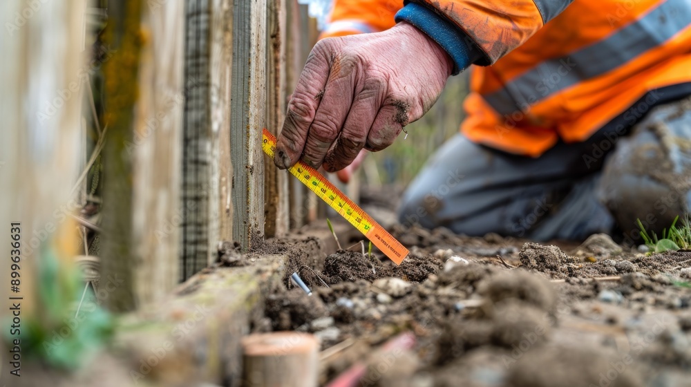 A construction worker measures the ground using a tape measure, demonstrating precision and attention to detail. A construction worker measures the ground using a tape measure, demonstrating precision and attention to detail.