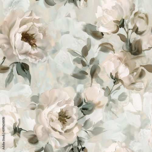 Vintage Watercolor Seamless Pattern with Peonies, Roses, and Camellias