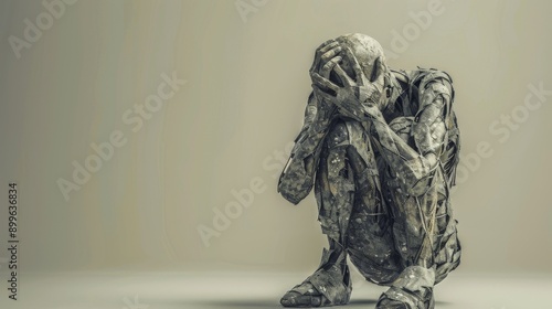 A solitary figure sits hunched over, hands clasped around their head, conveying a sense of profound sorrow and despair.