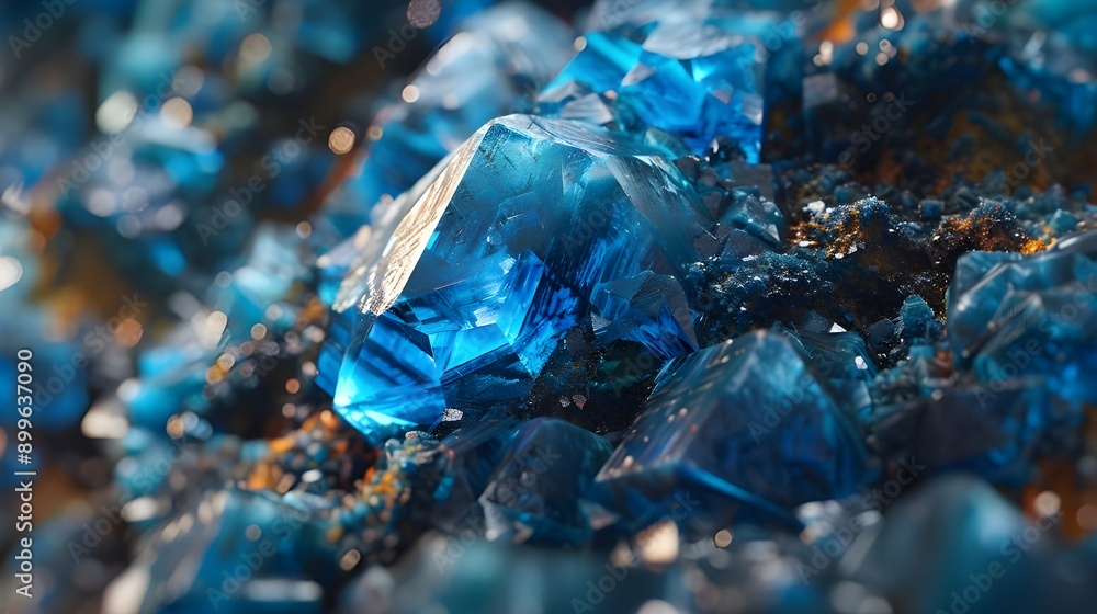 Clusters of deep blue crystals, each exhibiting unique formations and a captivating play of light. Clusters of deep blue crystals, each exhibiting unique formations and a captivating play of light.