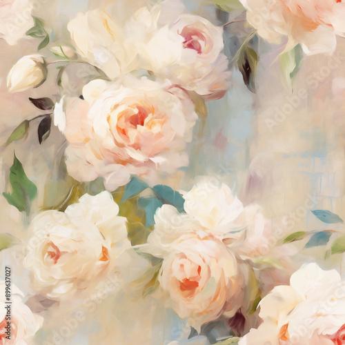 Vintage Watercolor Seamless Pattern with Peonies, Roses, and Camellias