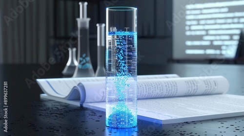 Test tube with bacteria and scientific journal in background, research documentation photo