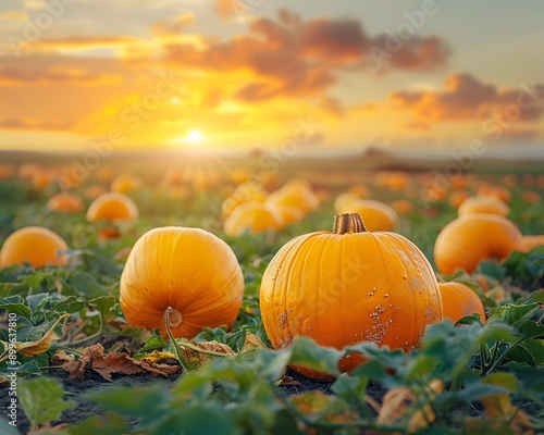 Vibrant Autumn Pumpkin Patch at Sunset with Warm Glow and Scattered Harvest