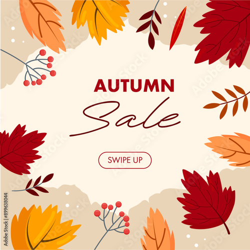 Flat autumn border frame. Social media post vector template. Colorful background with autumn leaves and copy space.