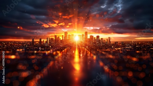 The skyline of Lublae during a spectacular sunset, Urban, Warm hues, Digital art photo