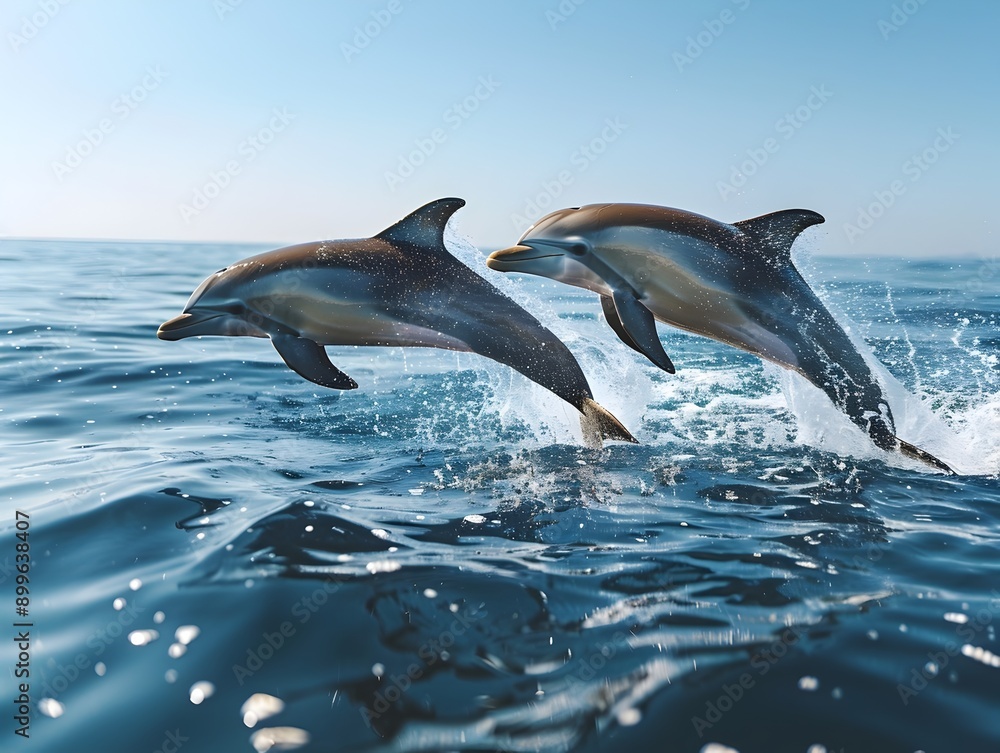 Obraz premium Synchronized Dolphins Leaping from the Ocean with Sparkling Water and Clear Blue Sky