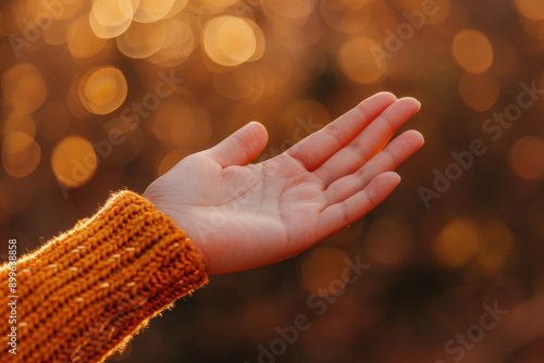 Close-up of an outstretched hand in a cozy yellow sweater against a bokeh background, capturing warmth and autumn vibes.