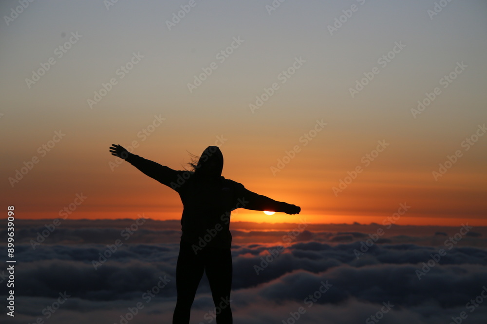 Silhouette di una persona su un tramonto sopra alle nuvole sul punto più alto dell’isola de la Gomera, all’alto de garajonay, in Spagna Silhouette di una persona su un tramonto sopra alle nuvole sul punto più alto dell’isola de la Gomera, all’alto de garajonay, in Spagna