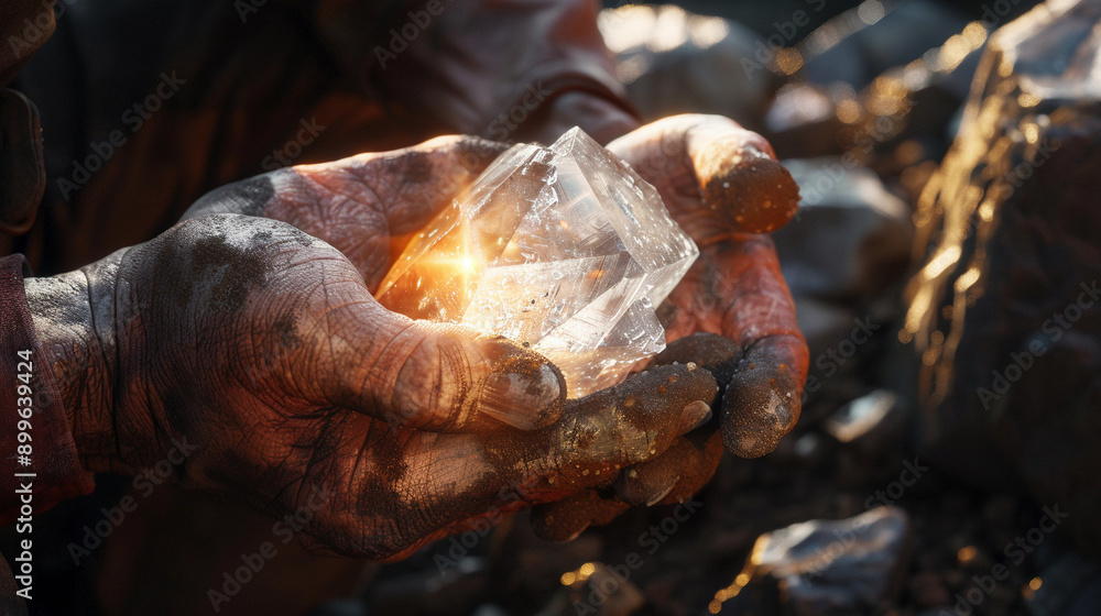 Illuminated Miner's Hands Holding Precious Rare Mineral Illuminated Miner's Hands Holding Precious Rare Mineral