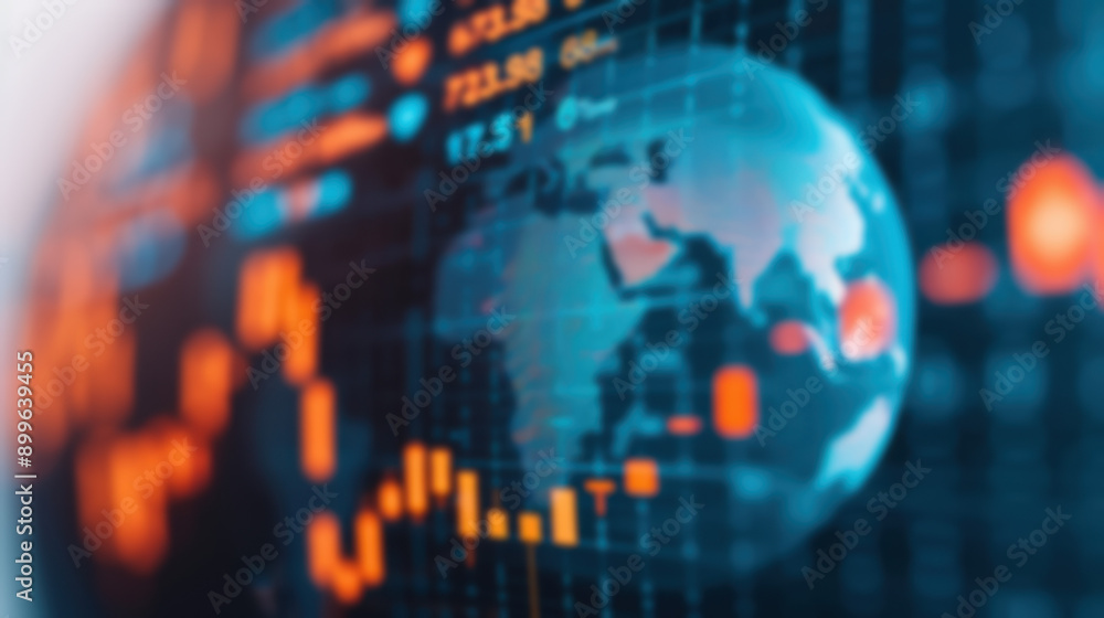 Close-up view of digital globe over financial charts representing global market trends and international trade; blurred background. Close-up view of digital globe over financial charts representing global market trends and international trade; blurred background.