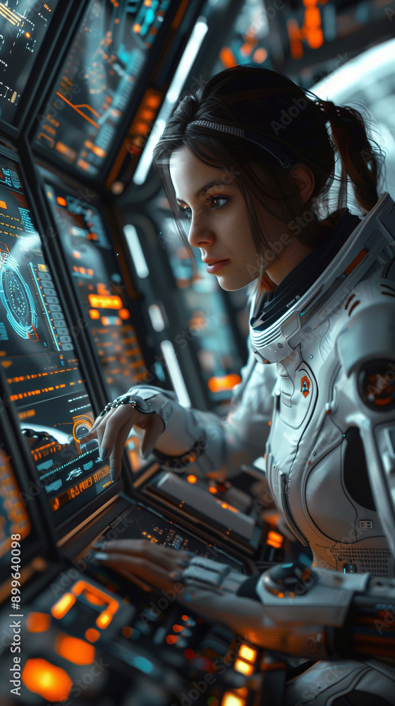 Obraz premium A futuristic woman in a modern suit sits inside a spaceship, working on cybersecurity. She's surrounded by various computers and semi-transparent monitors displaying complex data streams