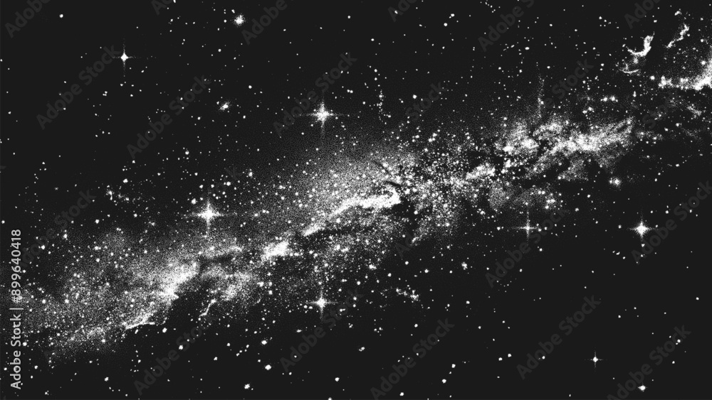 Deep space scene background in stippling style with amazing huge nebula and glowing stars cluster in universe. Retro styled dotwork. Pointillism. Noisy grainy shading using dots. Vector illustration Deep space scene background in stippling style with amazing huge nebula and glowing stars cluster in universe. Retro styled dotwork. Pointillism. Noisy grainy shading using dots. Vector illustration