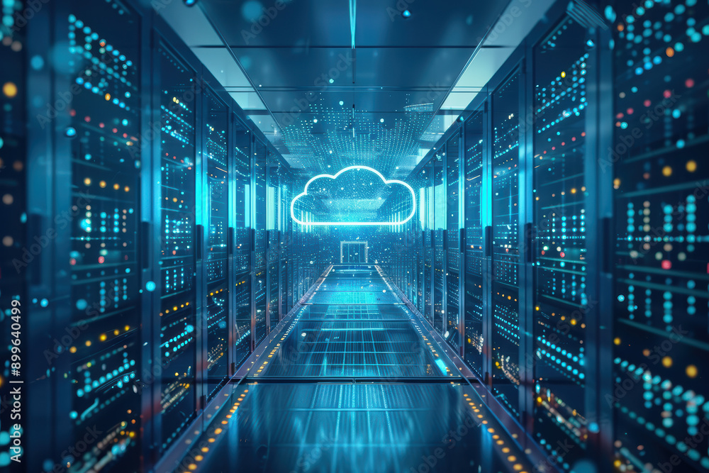 Futuristic data center with cloud technology concept. Digital servers with blue lights showcasing data storage and processing capabilities. Futuristic data center with cloud technology concept. Digital servers with blue lights showcasing data storage and processing capabilities.