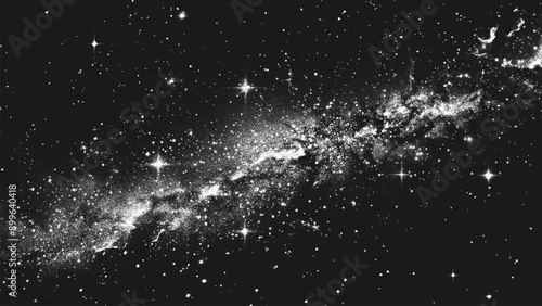 Deep space scene background in stippling style with amazing huge nebula and glowing stars cluster in universe. Retro styled dotwork. Pointillism. Noisy grainy shading using dots. Vector illustration