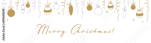 Merry Christmas and Happy New Year background. Doodle Christmas tree toys, ball, bubble. Golden and silver festive delicate horizontal poster. Holiday confetti and garland border