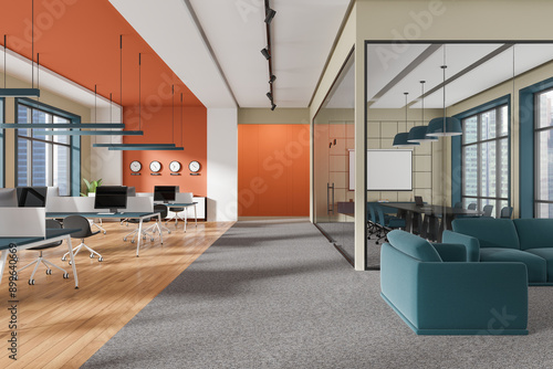 Colored business interior with rest and work zone, panoramic window