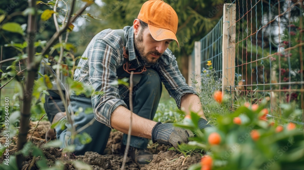 Fototapeta premium A dedicated gardener tending to plants in a vibrant garden, showcasing the joy of cultivating green life and nurturing nature.
