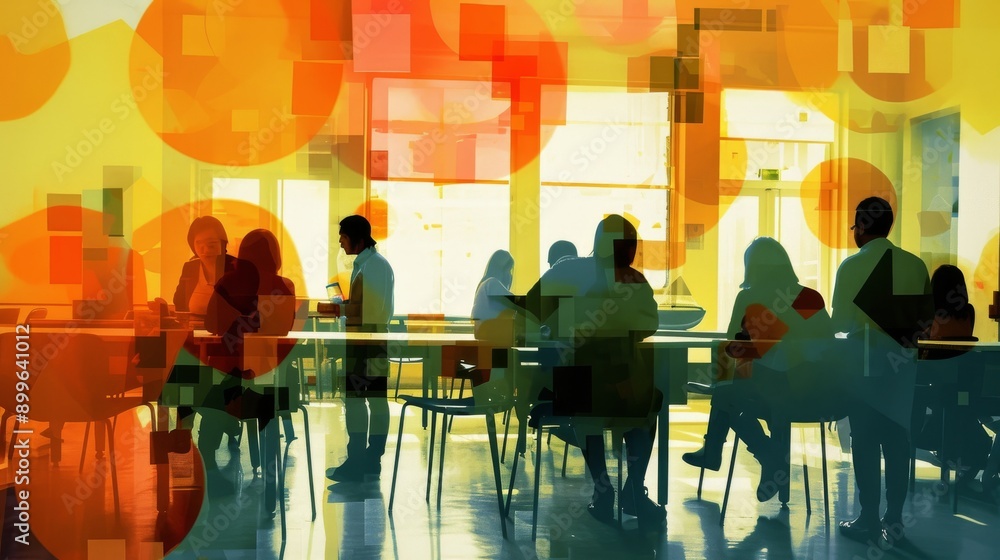 Silhouettes of people in an office setting are overlaid with colorful abstract shapes, creating a modern and dynamic atmosphere. The vibrant hues and geometric patterns add a layer of creativity to Silhouettes of people in an office setting are overlaid with colorful abstract shapes, creating a modern and dynamic atmosphere. The vibrant hues and geometric patterns add a layer of creativity to