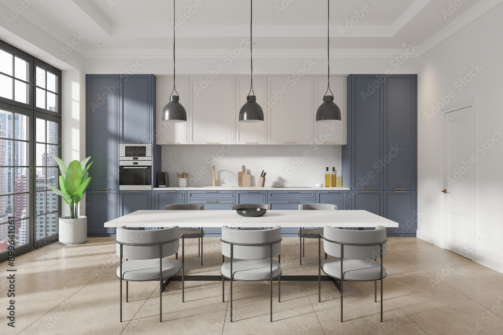 White and blue home kitchen interior with dinner table and cabinet, window White and blue home kitchen interior with dinner table and cabinet, window