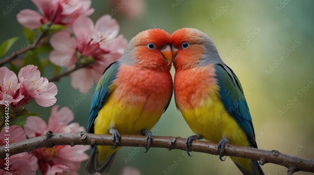 A couple of lovebirds sitting on a blossoming branch, with room for text between the vivid flowers and the sweet moment spent with birds. A couple of lovebirds sitting on a blossoming branch, with room for text between the vivid flowers and the sweet moment spent with birds.