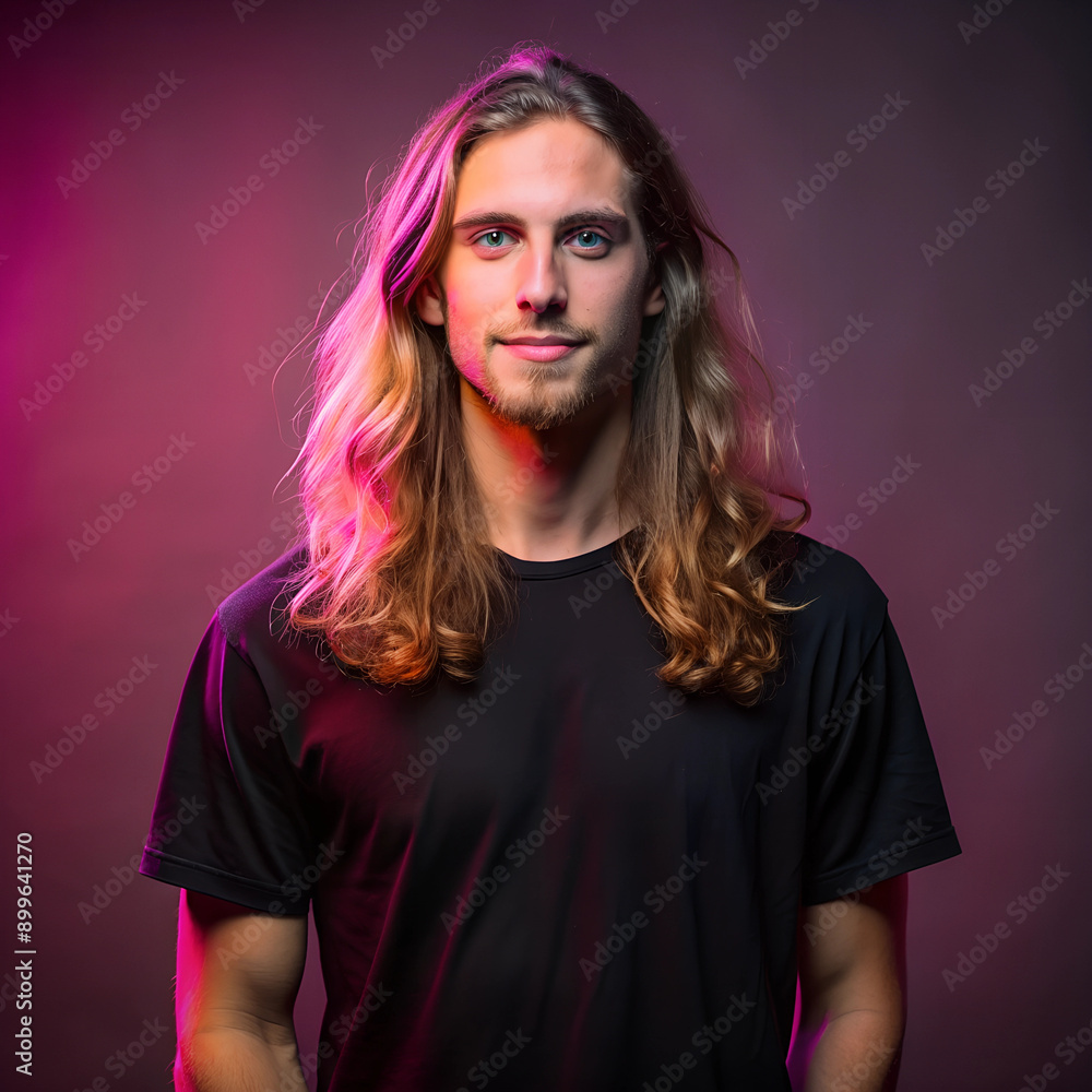 Studio portrait portrait of a 30 y.o. man, tall, well-built, friendly. He has below-the-shoulder-length slightly wavy light brown hair. He is dressed in a black oversized t-shirt. Studio light, pink Studio portrait portrait of a 30 y.o. man, tall, well-built, friendly. He has below-the-shoulder-length slightly wavy light brown hair. He is dressed in a black oversized t-shirt. Studio light, pink