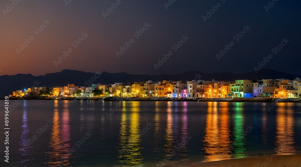 Lovely evening at Hersonissos Bay, Crete, Greece, with a beach, umbrellas, and vibrant colors highlighting the shoreline. Lovely evening at Hersonissos Bay, Crete, Greece, with a beach, umbrellas, and vibrant colors highlighting the shoreline.