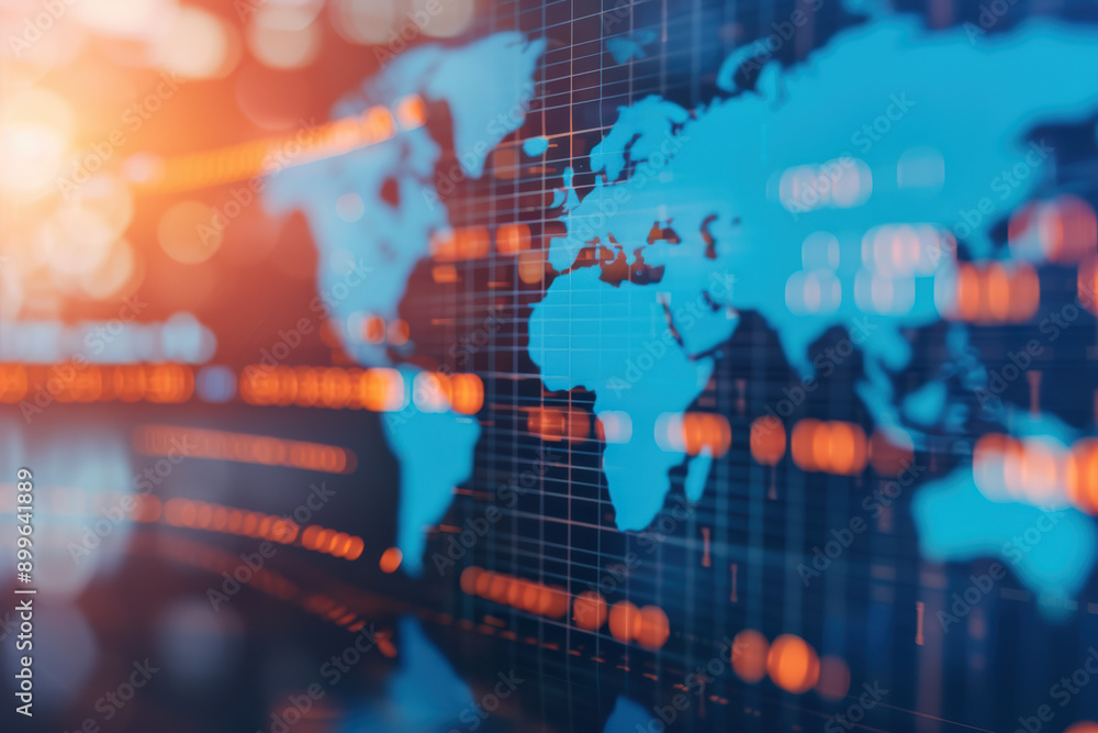 Digital world map with data visualizations in abstract glowing blue and orange, representing global communication and technology insights. Digital world map with data visualizations in abstract glowing blue and orange, representing global communication and technology insights.