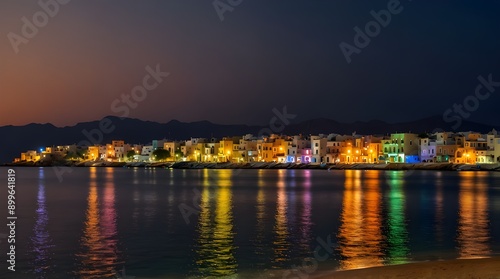 Lovely evening at Hersonissos Bay, Crete, Greece, with a beach, umbrellas, and vibrant colors highlighting the shoreline.