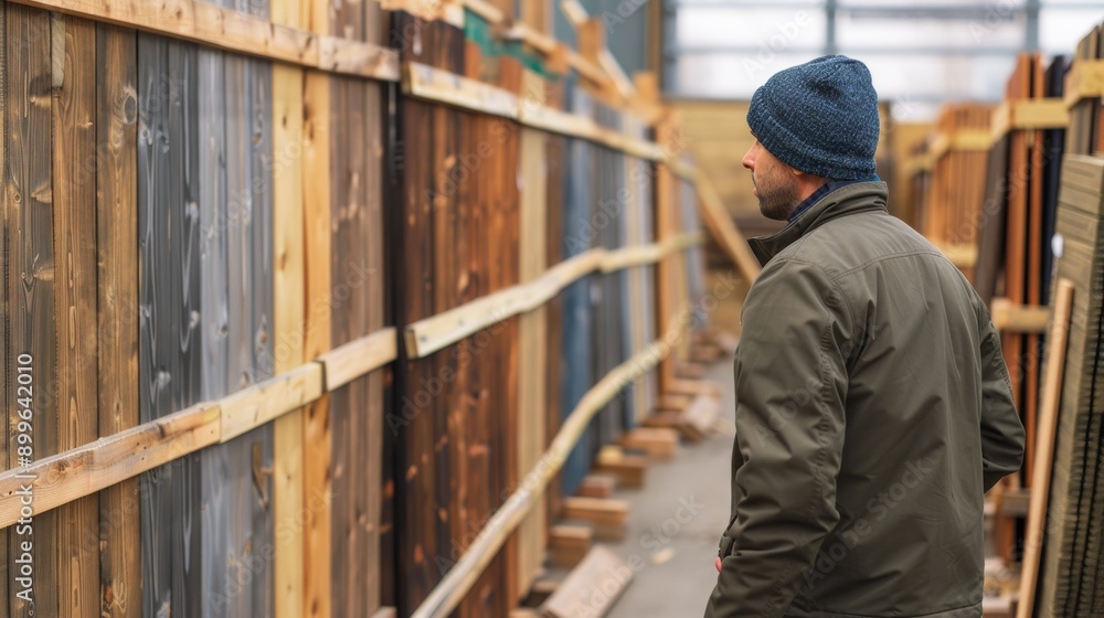 A man examines a selection of wooden panels in a warehouse, showcasing various colors and textures for construction projects. A man examines a selection of wooden panels in a warehouse, showcasing various colors and textures for construction projects.