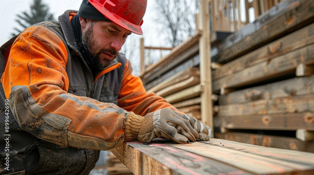 A skilled worker using a measuring tape on wood at a construction site, demonstrating precision and craftsmanship. A skilled worker using a measuring tape on wood at a construction site, demonstrating precision and craftsmanship.
