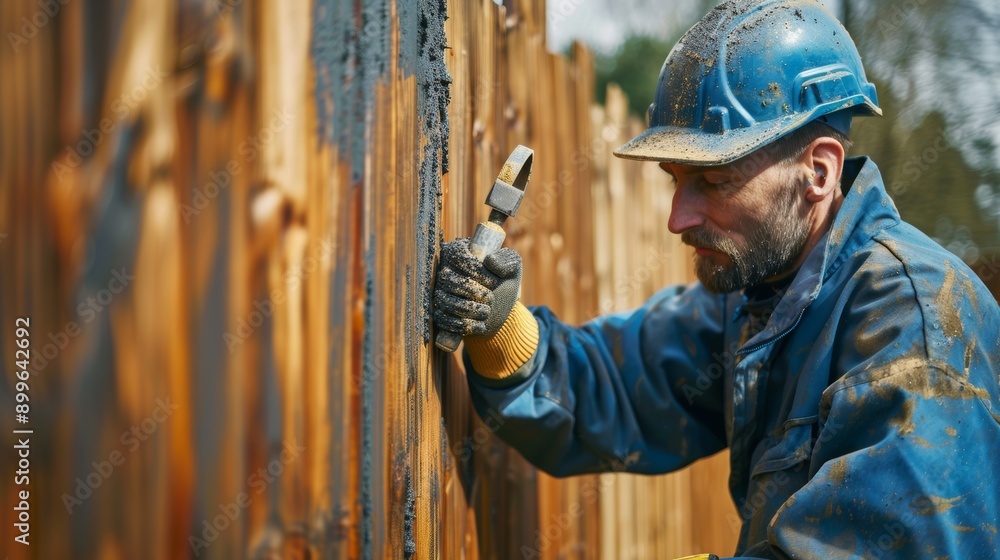 A skilled worker using tools to repair a wooden fence, showcasing craftsmanship and dedication in a construction setting. A skilled worker using tools to repair a wooden fence, showcasing craftsmanship and dedication in a construction setting.